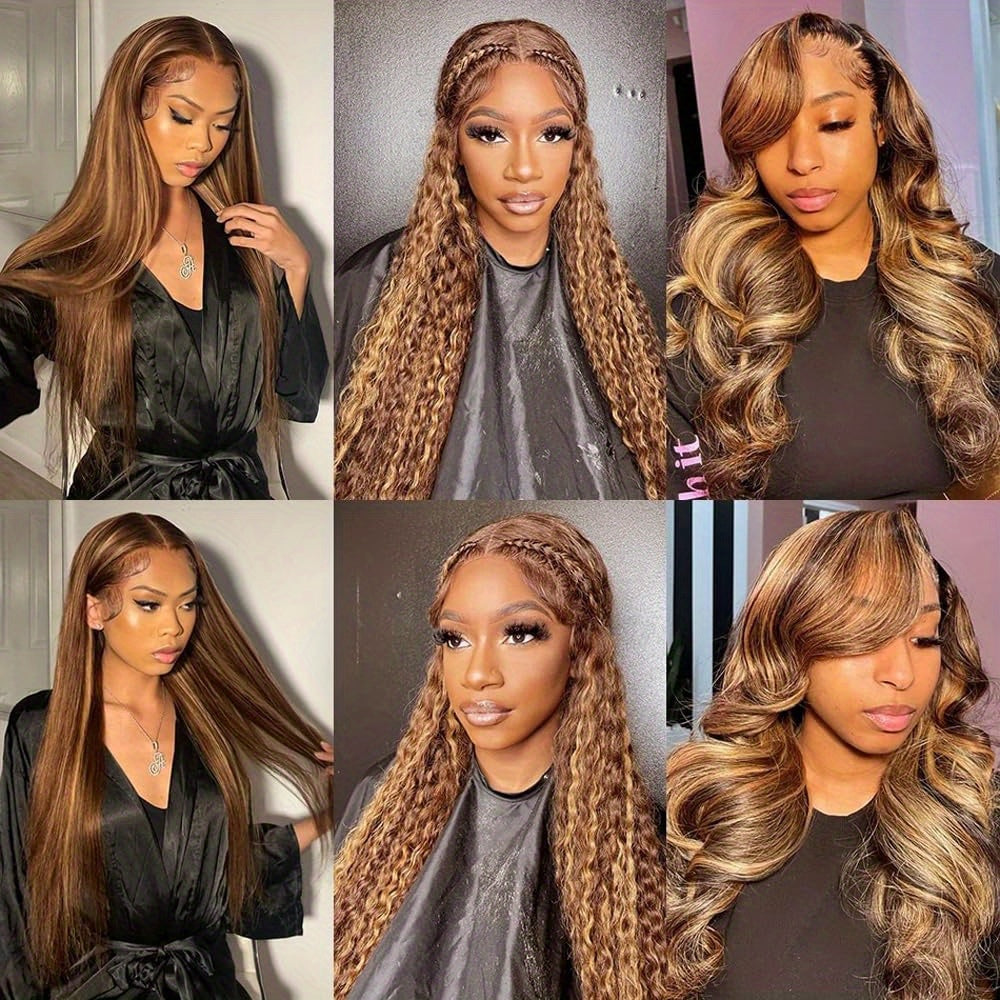 Honey Blonde 13X4 HD Lace Front Wig Human Hair Highlight Straight Lace Frontal Wigs Human Hair Pre Plucked 28 Inch 180 Density Ombre Wigs for Women P4/27 Colored Glueless Wig with Baby Hair